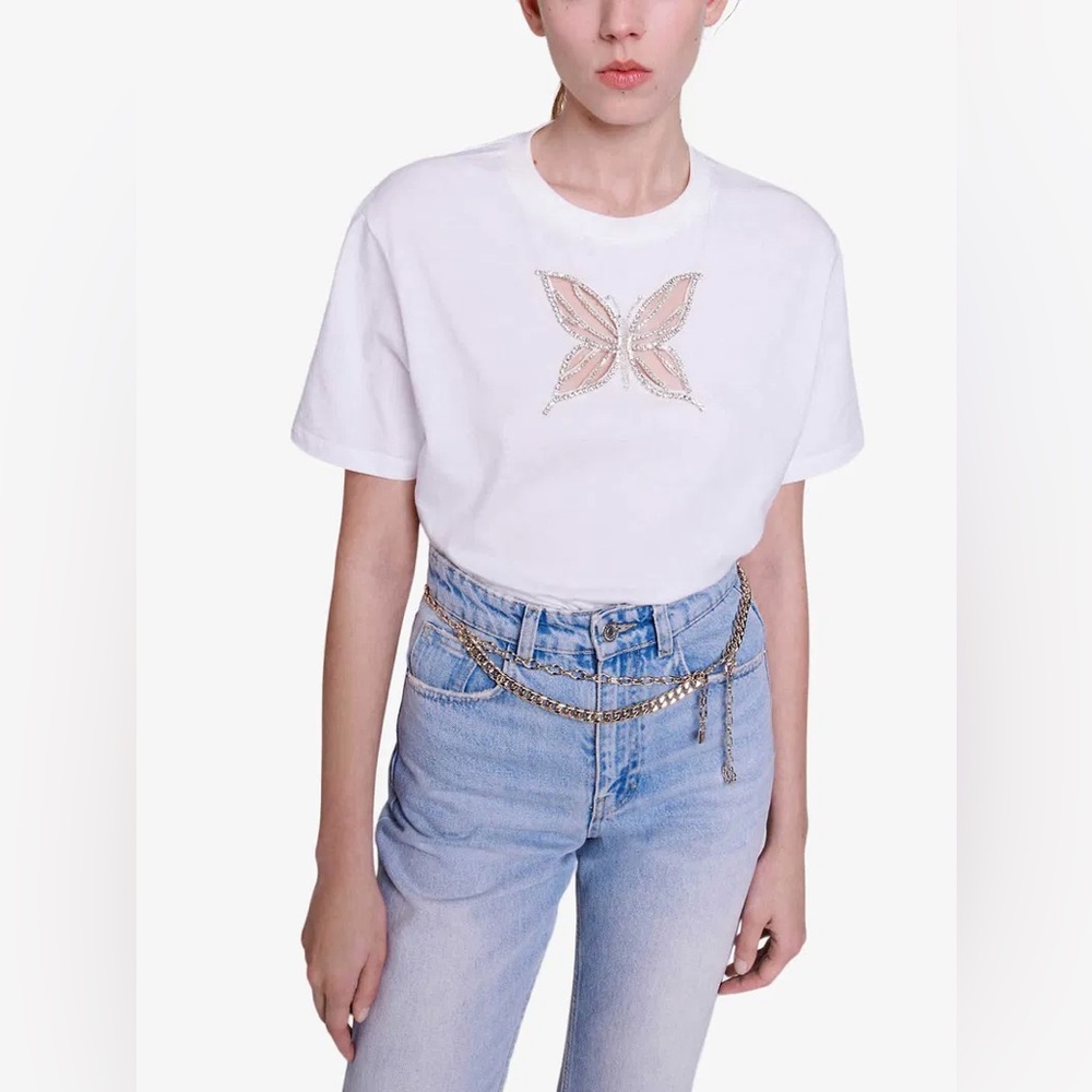 Maje butterfly-embellished cotton T-shirt - Size 2